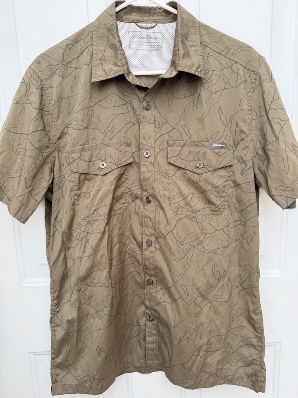 Eddie Bauer Mens M Performance Fishing Shirt Tan Camo Vented Outdoor Hiking